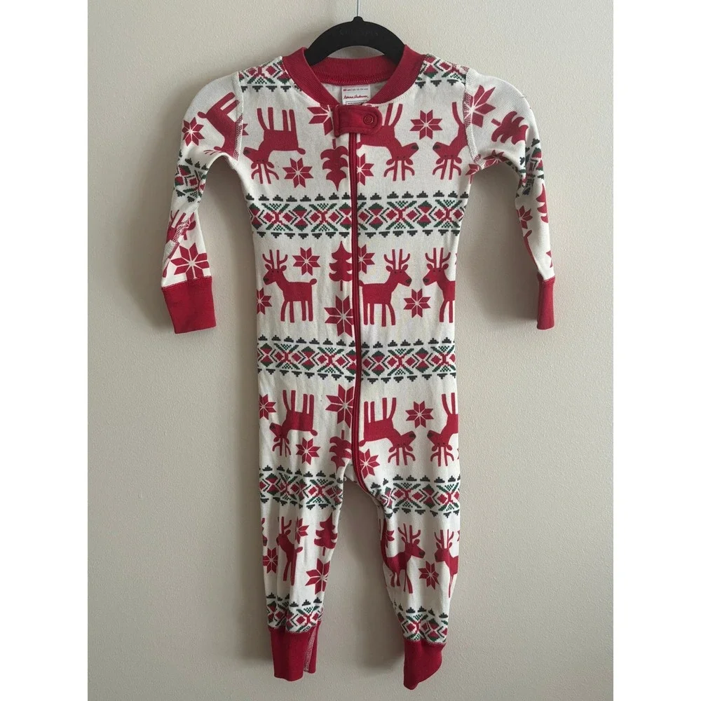 Hanna Andersson Kids 18-24M Organic Cotton Reindeer Fair Isle Pajama Sleeper Red